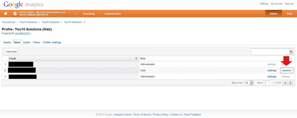Screenshot of how to remove user from Google Analytics account